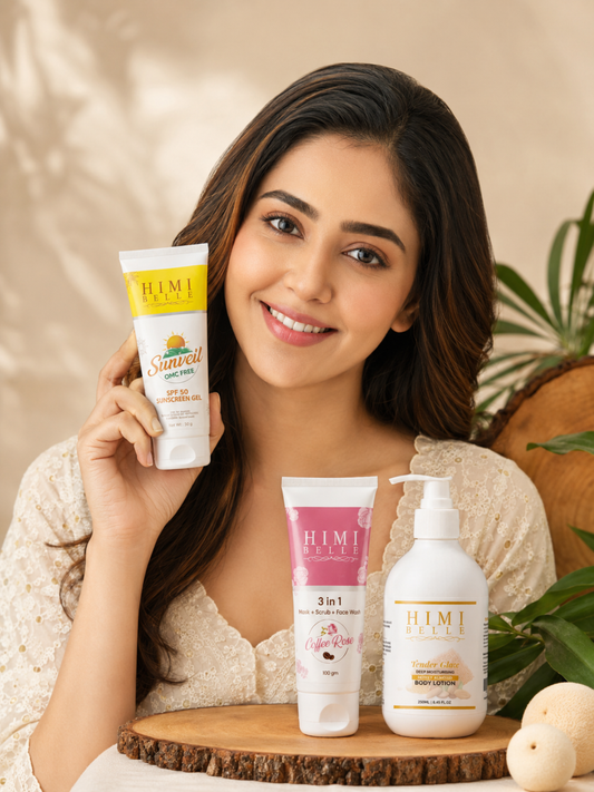 Himi Belle UV shield set with coffee wash honey lotion lightening cream and SPF 50