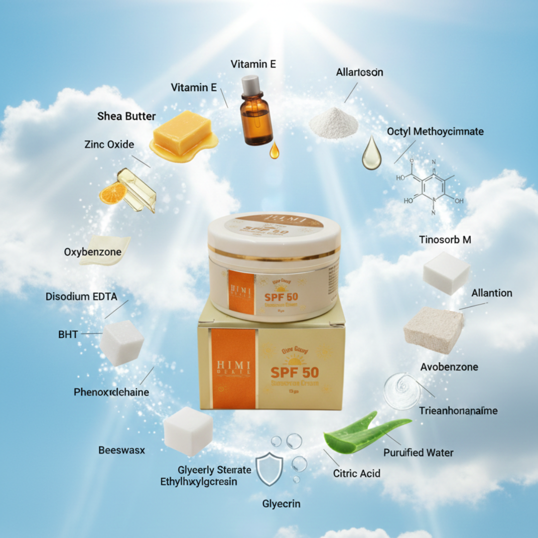 Himi Belle SPF 50 sunscreen cream ingredients for broad spectrum UV protection