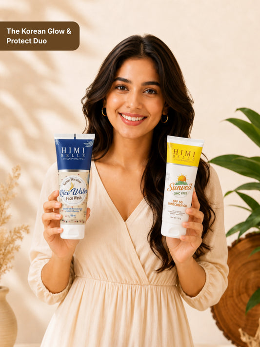 Himi Belle Korean glow combo showing rice face wash and gel sunscreen SPF 50 set