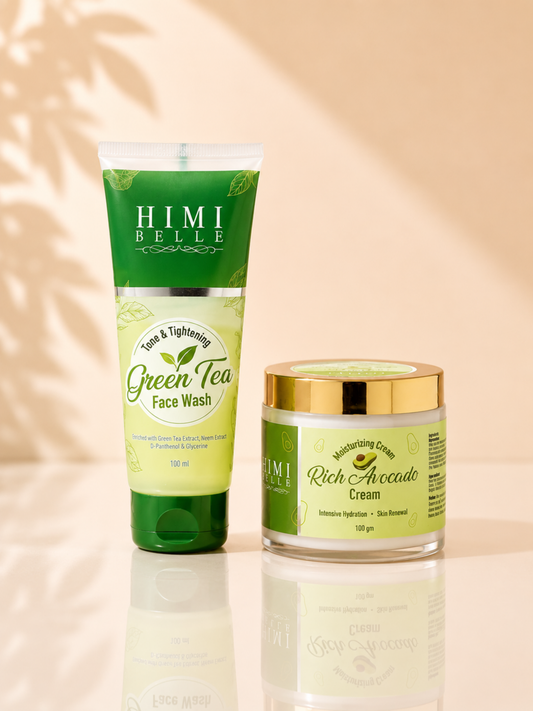 Himi Belle skincare combo with green tea face wash and avocado moisturizing cream