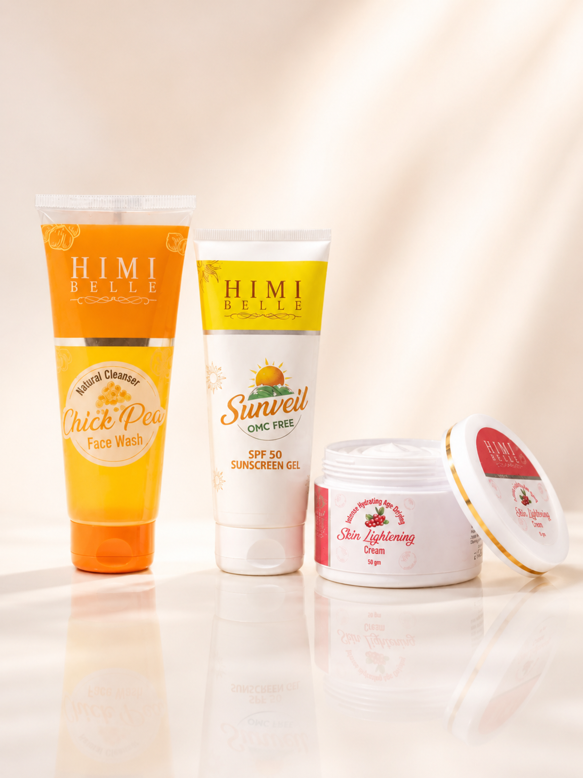 Himi Belle anti tan spot correction shield detan scrub and SPF skincare combo