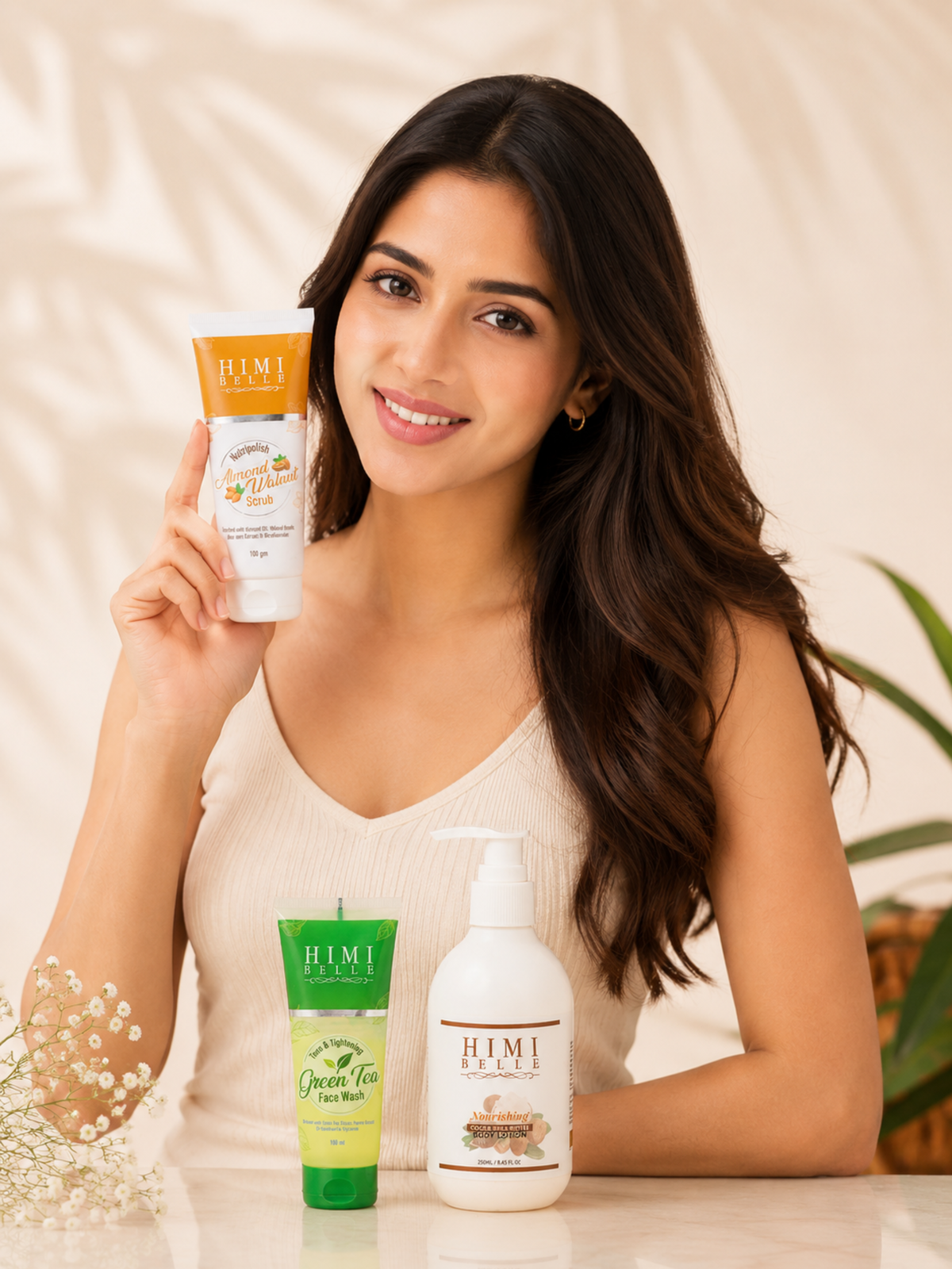 Himi Belle hydration combo with almond scrub green tea wash and cocoa body lotion