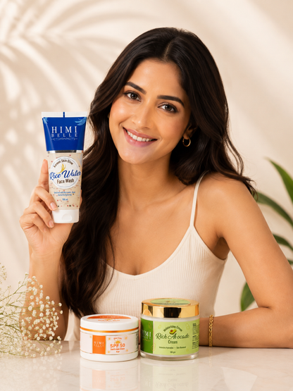 Himi Belle glass skin kit with rice water wash avocado cream and SPF 50 sunscreen