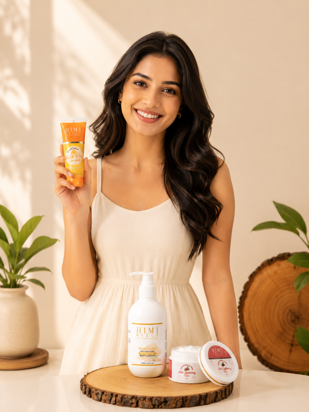 Himi Belle brightening skincare pack with chickpea wash lightening cream and SPF 50