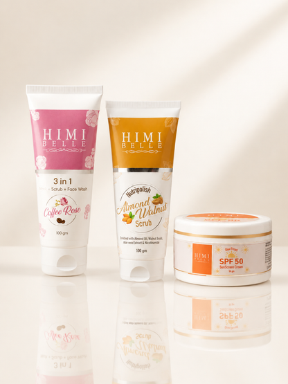 Himi Belle skin awakening sun defense pack face wash scrub sunscreen combo kit