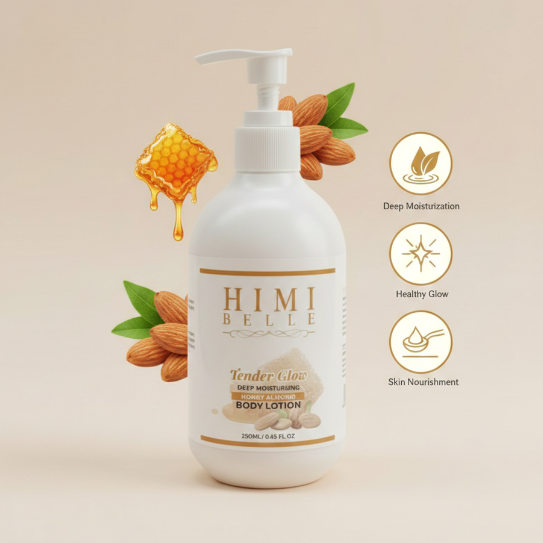 Woman applying Himi Belle honey almond body lotion for deep moisturizing glow