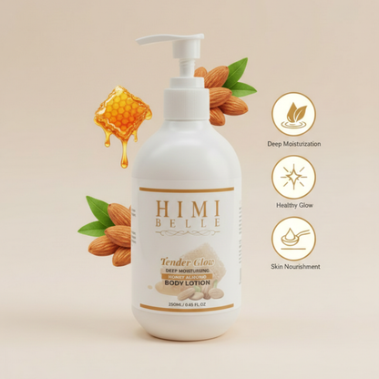 Woman applying Himi Belle honey almond body lotion for deep moisturizing glow