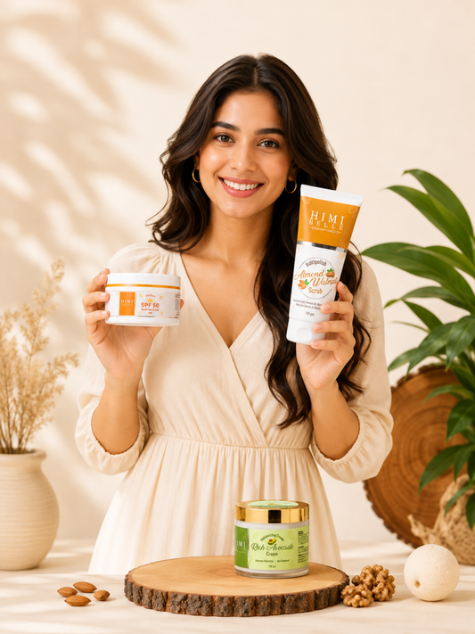 Himi Belle skin repair duo with almond walnut scrub avocado cream and SPF 50