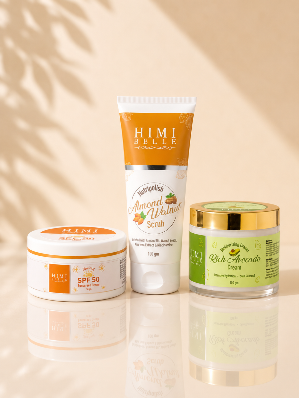 Himi Belle texturing repair glow guard duo walnut scrub and sunscreen skincare set