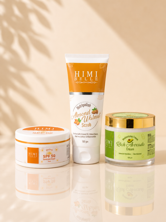 Himi Belle texturing repair glow guard duo walnut scrub and sunscreen skincare set