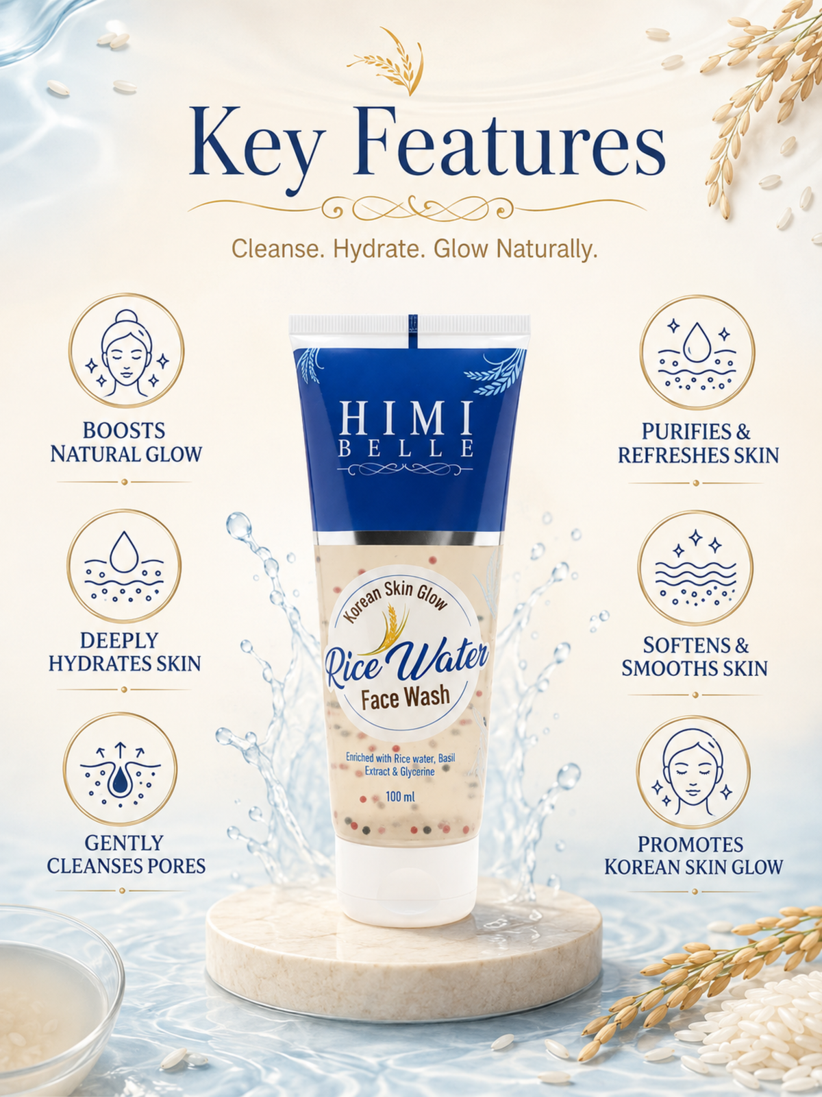 Himi Belle Korean glow duo packaging rice water face wash and SPF 50 combo box