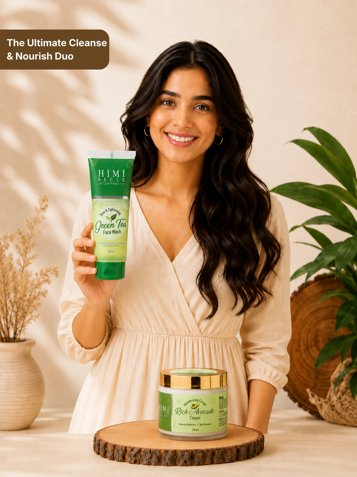 Himi Belle cleanse nourish duo product details green tea wash and avocado cream